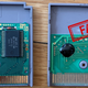 An authentic Game Boy game board (left) and a mass-produced fake (right). Note the presence of a Nintendo-branded chip on the real game, and the use of “glob-top” chips on the right, which is almost never used in authentic Nintendo games.